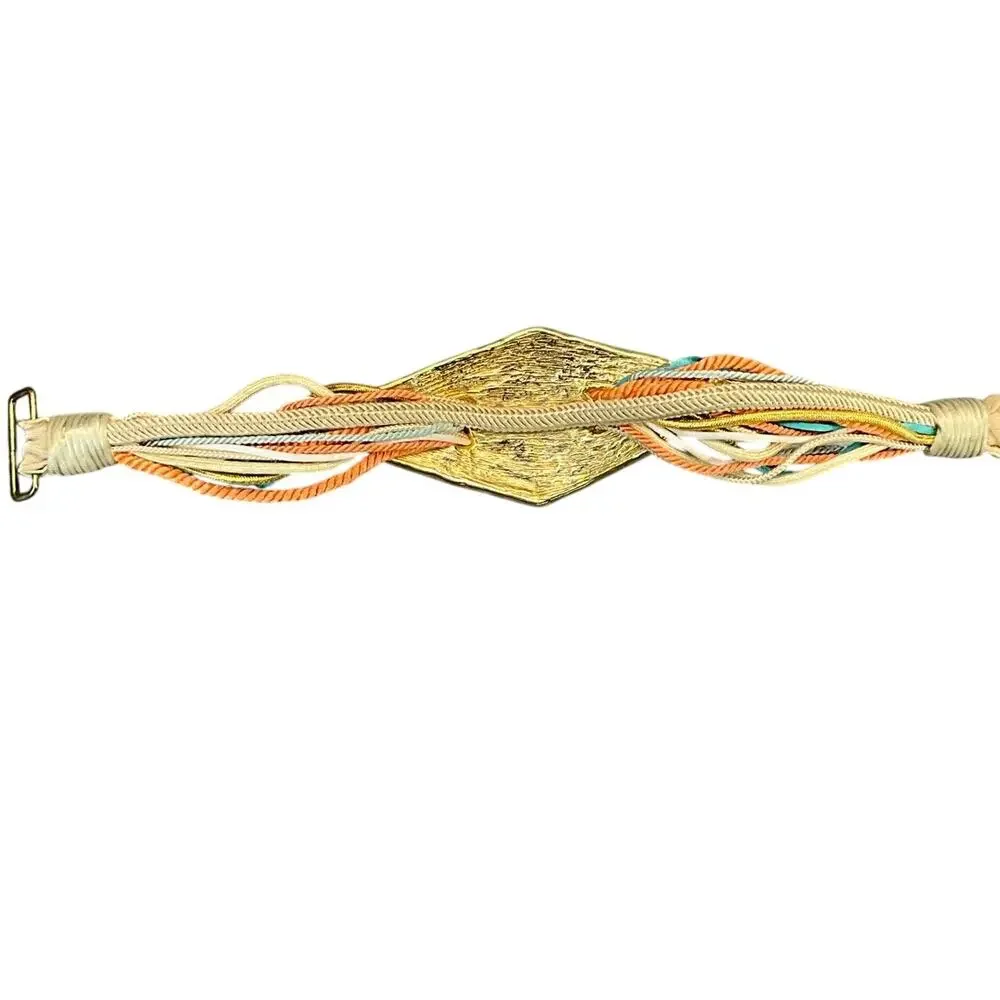 Retro 80's Fabric Tan Gold Buckle Spring Pastel Multicolor Belt Women 28”- 32.5”